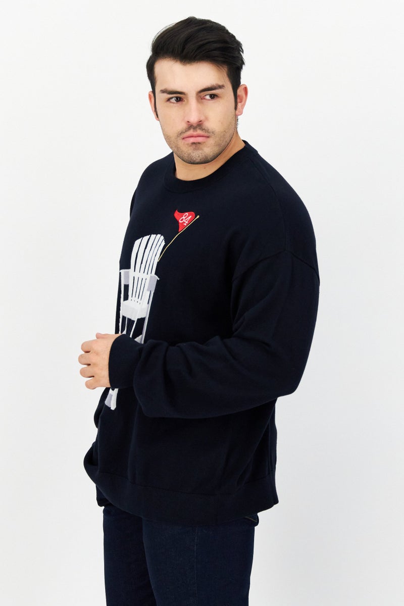 PERRY ELLIS سويت شيرت مزخرف بياقة دائرية للرجال، أزرق داكن - Image 3