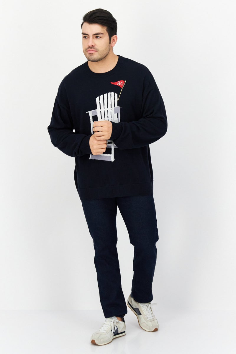 PERRY ELLIS سويت شيرت مزخرف بياقة دائرية للرجال، أزرق داكن - Image 4