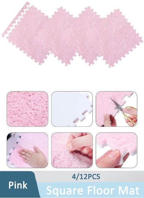 4/12 Tiles Interlocking Carpet Tiles Soft Fluffy Baby Play Mat Short Velvet Foam Puzzle Floor Mats for Children Kids Toddler Play Area Home Bedroom Parlor