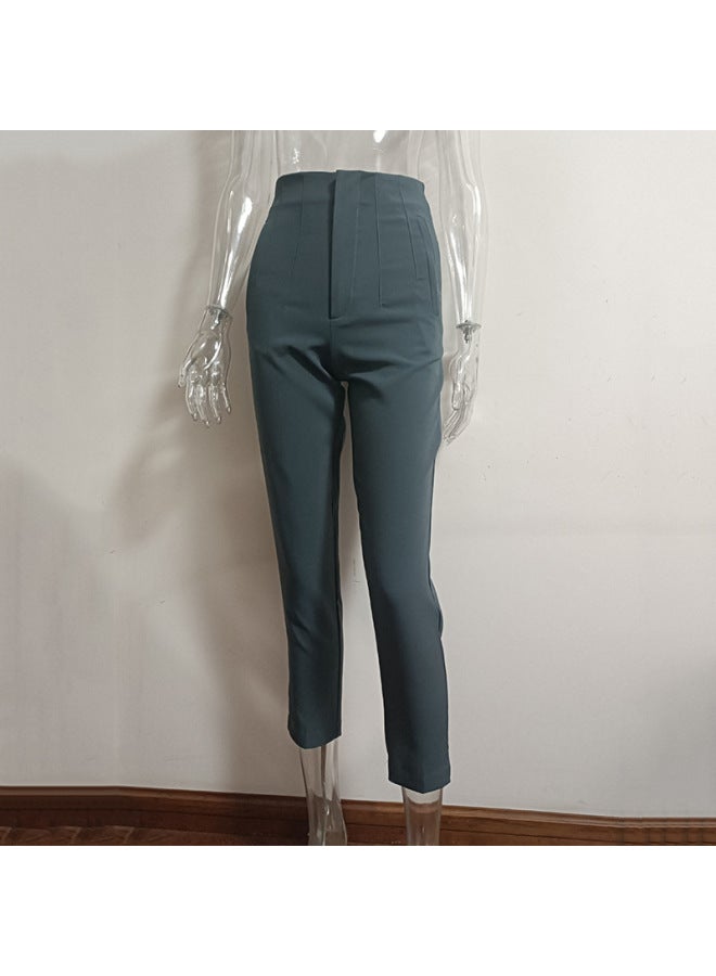 New  European And American Pleated Casual High Waist Solid Color Slim Fit Basic Pants