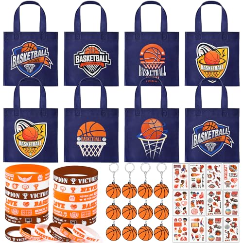 SNLN 12Sets Basketball Party Favors Birthday Supplies Boy Kid Tote Bag Silicone Bracelet Keychain Tattoo Sticker Basketball Favors Pinata Filler Goodie Bag Stuffers Basketball Birthday Party Supplies - Image 1