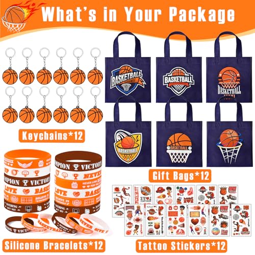 SNLN 12Sets Basketball Party Favors Birthday Supplies Boy Kid Tote Bag Silicone Bracelet Keychain Tattoo Sticker Basketball Favors Pinata Filler Goodie Bag Stuffers Basketball Birthday Party Supplies - Image 5
