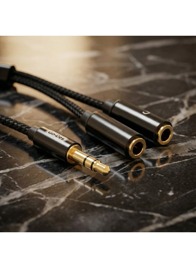 GO-DES 2-in-1 Audio Splitter Cable – 3.5mm Male to Dual 3.5mm Female Jack (Headphone + Microphone) – Premium Braided Nylon, 28cm - Image 3