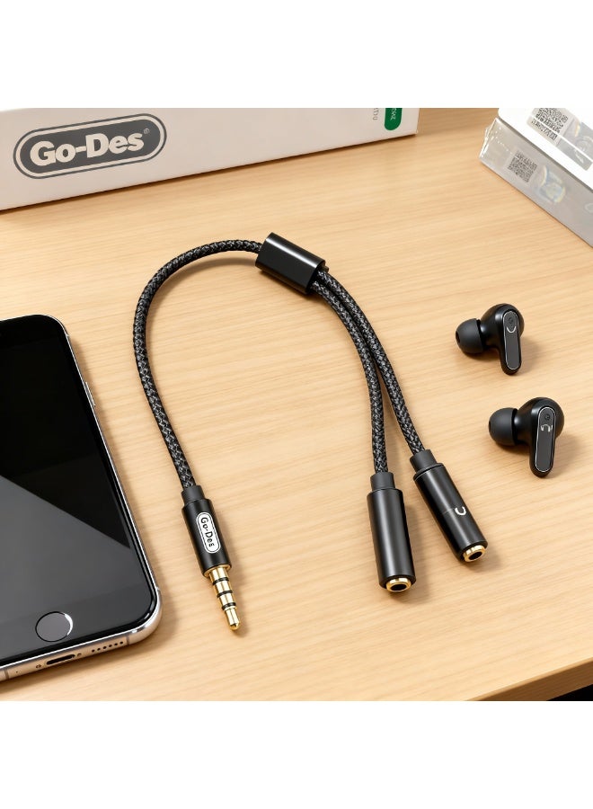 GO-DES 2-in-1 Audio Splitter Cable – 3.5mm Male to Dual 3.5mm Female Jack (Headphone + Microphone) – Premium Braided Nylon, 28cm - Image 2