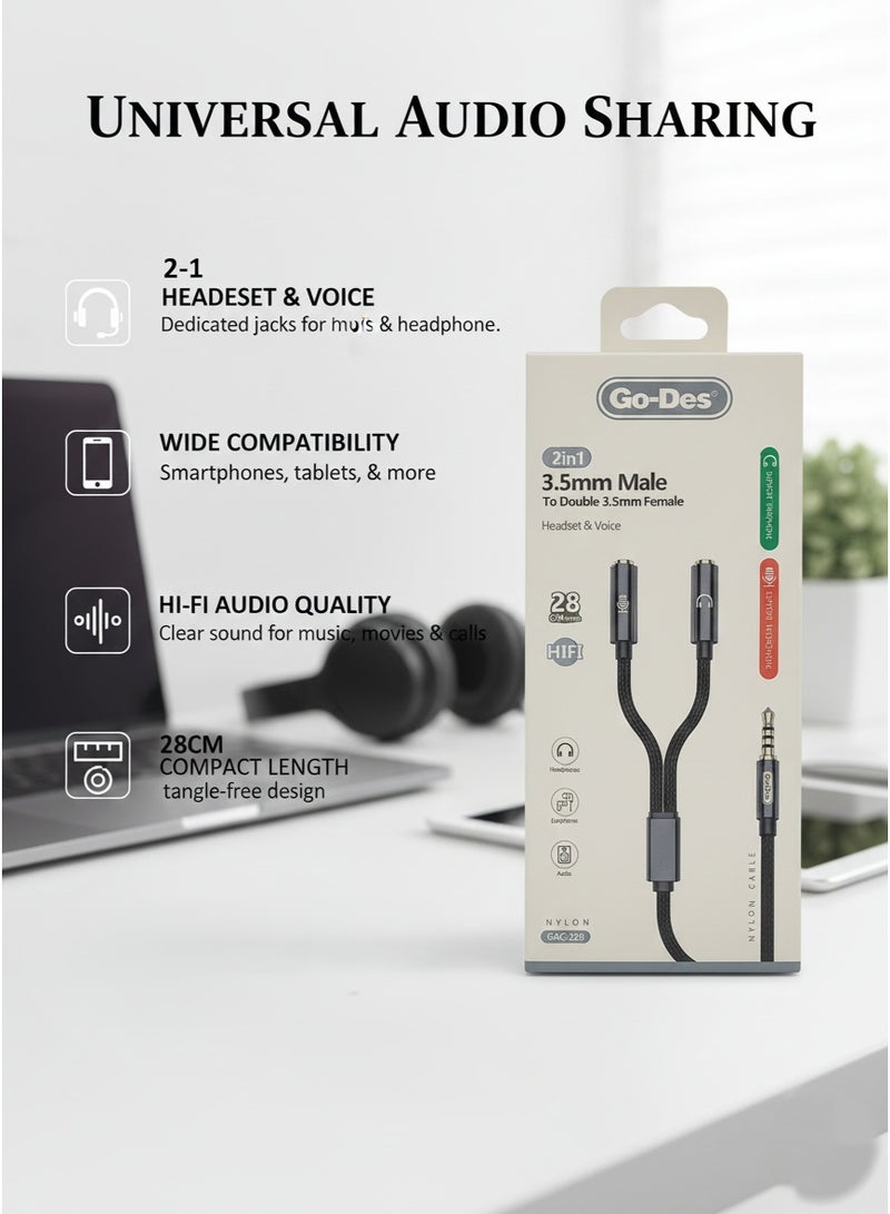 GO-DES 2-in-1 Audio Splitter Cable – 3.5mm Male to Dual 3.5mm Female Jack (Headphone + Microphone) – Premium Braided Nylon, 28cm - Image 1