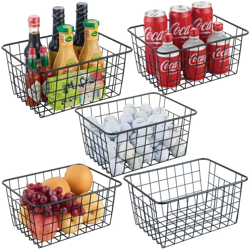 JUNCHU CHERRY Wire Kitchen Storage Basket 5 PacksPerfect Pantry Organization Accessories BasketLaundry BasketCountertop OrganizationSuitable for KitchenBathroomBedroomTabletopStackableBlack