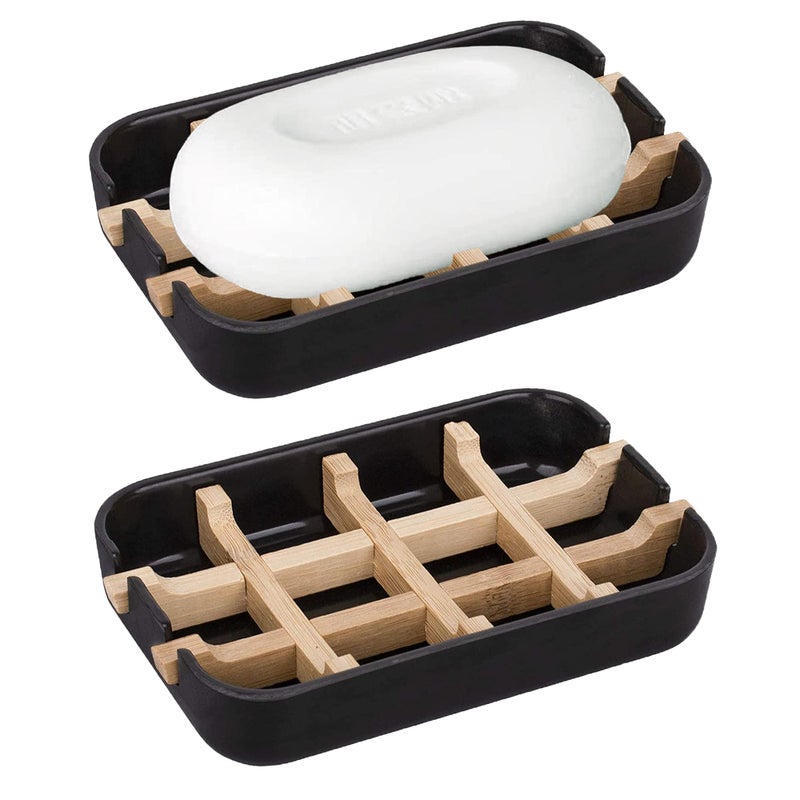Aoheuo Modern Bamboo Fiber soap Holder and soap Dish Combination Removable512 Long by 3 Wide 098 inches high Used in Kitchens bathrooms and bar Sinks Black2 Pack