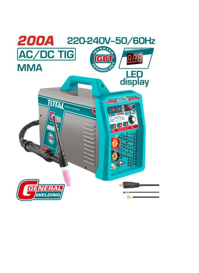 TOTAL TOTAL Inverter AC DC TIG/MMA Welding Machine 200A - Multi-Function TIG & MMA Welder for Carbon Steel, Stainless Steel, Aluminum, Alloy Steel - LCD Display, Electrode Holder, TIG Torch, Earth Clamp & Helmet Included  - Image 1