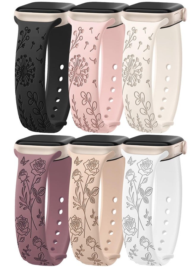 EOMTAM 6 Pack Floral Engraved Silicone Band Compatible for Apple Watch 38mm 40mm 41mm 42mm 44mm 45mm 46mm 49mm Women,Cute Flower Sport Strap for iWatch Series 10 9 8 SE 7 6 5 4 3 Ultra - Image 1
