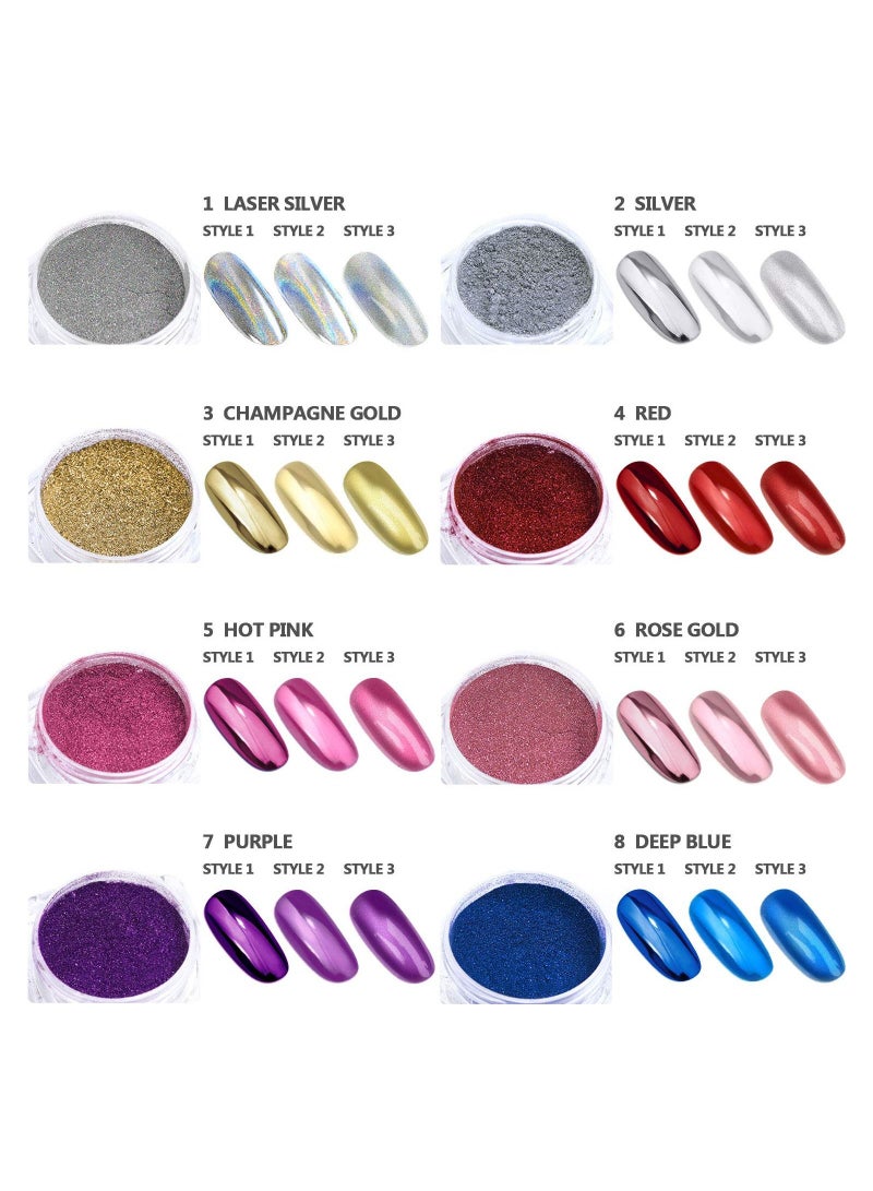 SYOSI Nail Powder 8 Colors 1g/Jar Holographic Chrome Mirror Laser Synthetic Resin Pigment Manicure Art Pigment Manicure Powder for Nails with 8 Eyeshadow Sticks - Image 2