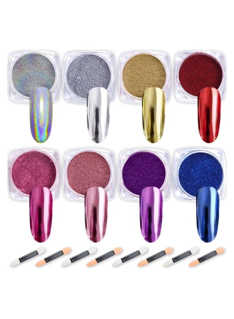 SYOSI Nail Powder 8 Colors 1g/Jar Holographic Chrome Mirror Laser Synthetic Resin Pigment Manicure Art Pigment Manicure Powder for Nails with 8 Eyeshadow Sticks - Image 1