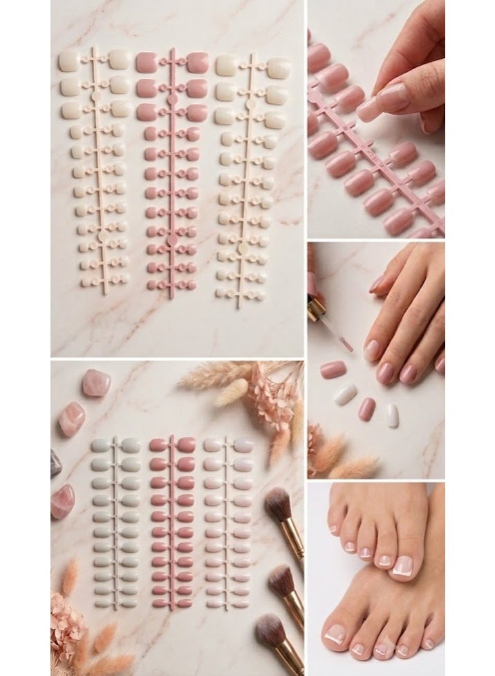 A complete, 180-piece artificial nail set for hands and feet, featuring 6 sheets of trendy, elegant, and modern designs for easy application and a professional salon-like look.