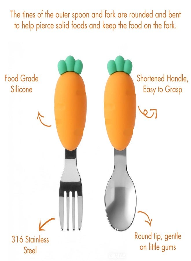 YIVEKO Baby Fork and Spoon Set with Carry Case Baby Training Utensils Self Feeding Toddler Silverware Silicone and Stainless Steel Kids and Toddler Utensil Set-Carrot - Image 3