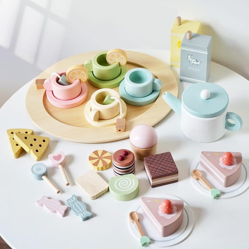 Smartwo Wooden Tea Set for Little Girls, Play Kitchen Accessories for Toddlers Tea Party with Play Food, Pretend Play Tea Set Toy, Improve Imagination and Social Skills, FZT23032 - Image 1