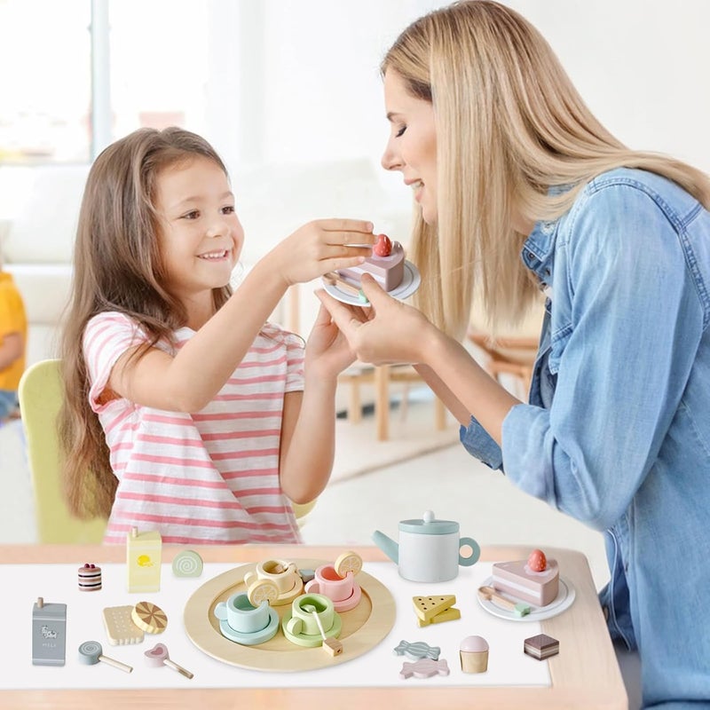 Smartwo Wooden Tea Set for Little Girls, Play Kitchen Accessories for Toddlers Tea Party with Play Food, Pretend Play Tea Set Toy, Improve Imagination and Social Skills, FZT23032 - Image 4