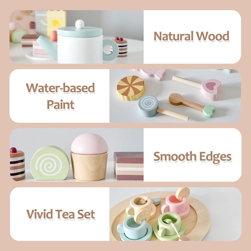 Smartwo Wooden Tea Set for Little Girls, Play Kitchen Accessories for Toddlers Tea Party with Play Food, Pretend Play Tea Set Toy, Improve Imagination and Social Skills, FZT23032 - Image 5