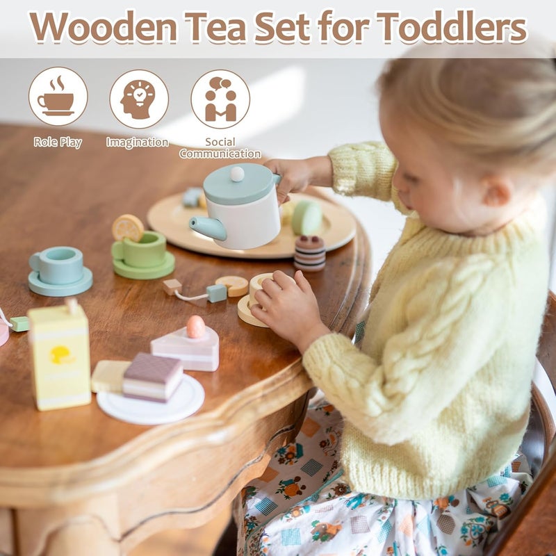 Smartwo Wooden Tea Set for Little Girls, Play Kitchen Accessories for Toddlers Tea Party with Play Food, Pretend Play Tea Set Toy, Improve Imagination and Social Skills, FZT23032 - Image 2