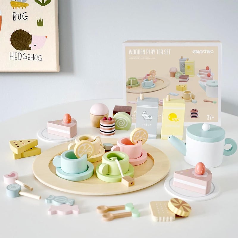 Smartwo Wooden Tea Set for Little Girls, Play Kitchen Accessories for Toddlers Tea Party with Play Food, Pretend Play Tea Set Toy, Improve Imagination and Social Skills, FZT23032 - Image 3