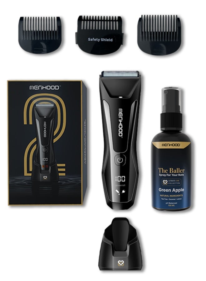 MENHOOD Grooming Trimmer 2.0 & The Baller Intimate Hygiene Spray for Men | Waterproof Body Hair Trimmer, LED Light, 150 Min Runtime | Anti-Odour Below-The-Waist Freshness - Image 1