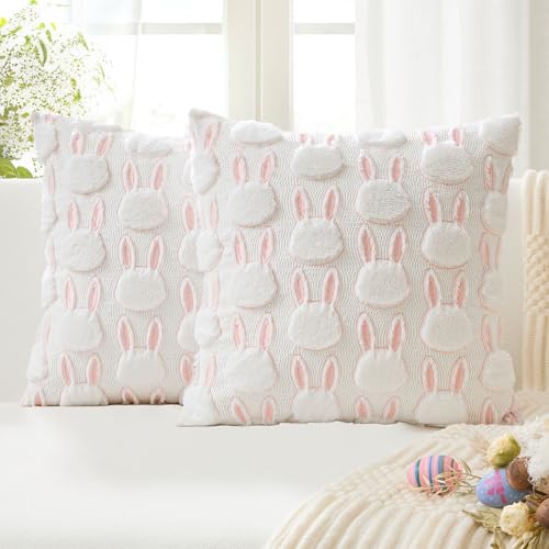 K KEVIN TEXTILE Kevin Textile Easter Pillow Covers 18 x 18 Inch Set of 2 Luxury Soft Bunny Rabbit Pattern Embroidery Decorative Throw Pillowcases for Spring Happy Easter Couch Sofa Living Room Cream White - Image 1