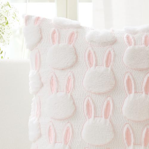 K KEVIN TEXTILE Kevin Textile Easter Pillow Covers 18 x 18 Inch Set of 2 Luxury Soft Bunny Rabbit Pattern Embroidery Decorative Throw Pillowcases for Spring Happy Easter Couch Sofa Living Room Cream White - Image 3