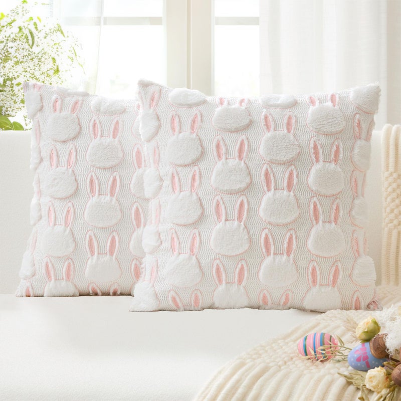 K KEVIN TEXTILE Kevin Textile Easter Pillow Covers 18 x 18 Inch Set of 2 Luxury Soft Bunny Rabbit Pattern Embroidery Decorative Throw Pillowcases for Spring Happy Easter Couch Sofa Living Room Cream White - Image 2