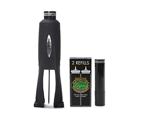 Cork Pops Legacy Wine Opener w 3 Refill Cartridges Builtin 4Blade Foil Cutter Safe Cork Removal Effortless Push Button Use Needle Guard for Safety LowPressure Cartridge Opens Up To 60 Bottles