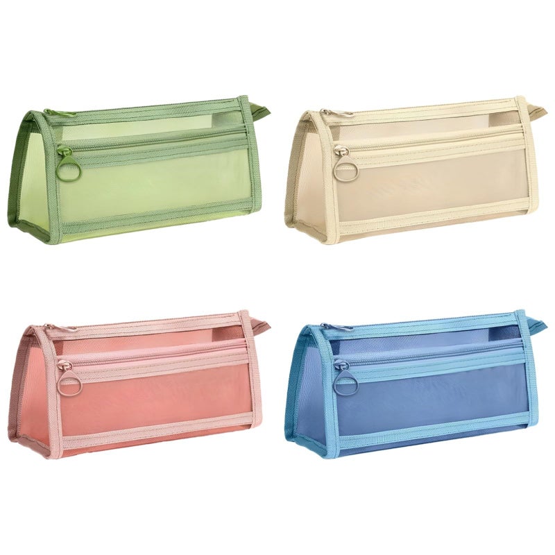 Double Layer Mesh Pencil Case Set Large Capacity Transparent 4 Pcs With Zipper Storage - Image 2