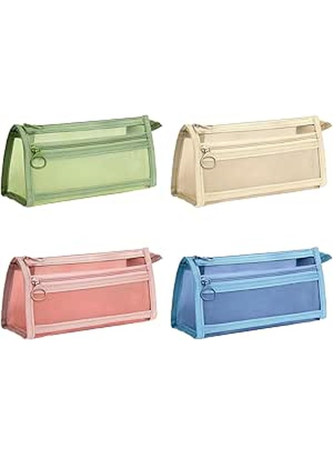 Double Layer Mesh Pencil Case Set Large Capacity Transparent 4 Pcs With Zipper Storage - Image 1