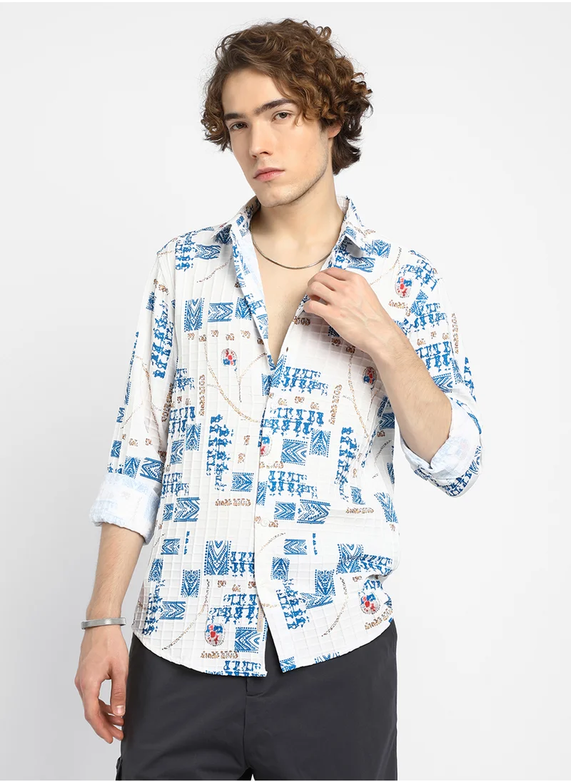 Campus Sutra Men's Ivory White Folk-Waffle Shirt