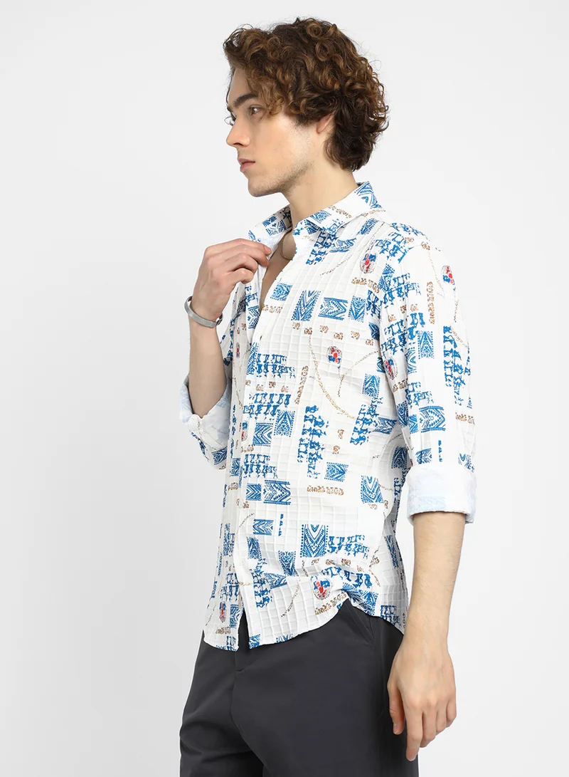Campus Sutra Men's Ivory White Folk-Waffle Shirt