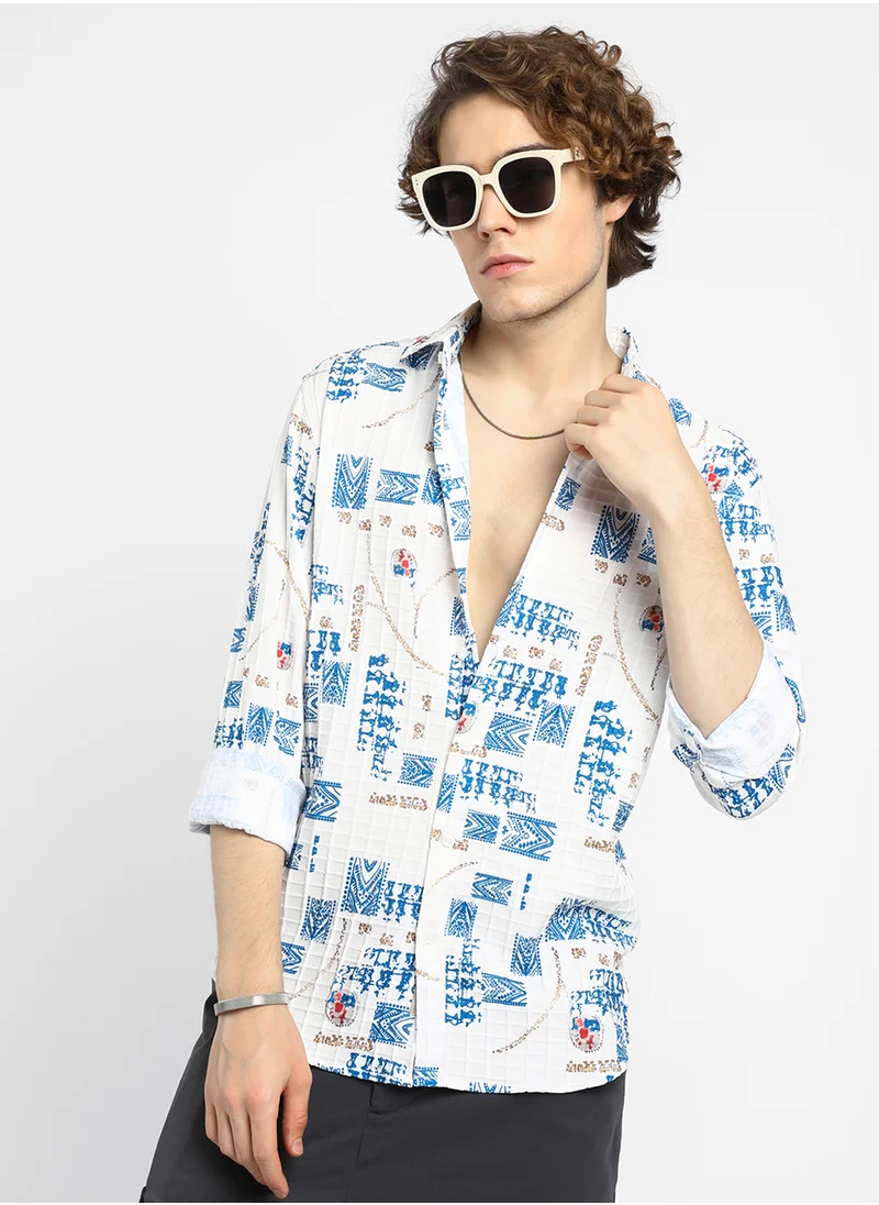 Campus Sutra Men's Ivory White Folk-Waffle Shirt