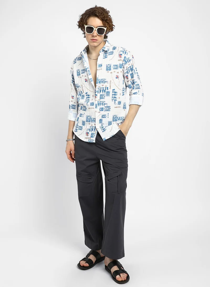 Campus Sutra Men's Ivory White Folk-Waffle Shirt