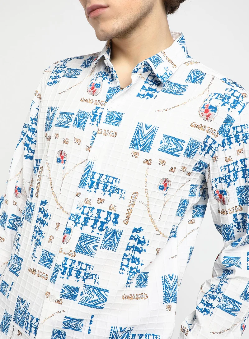Campus Sutra Men's Ivory White Folk-Waffle Shirt