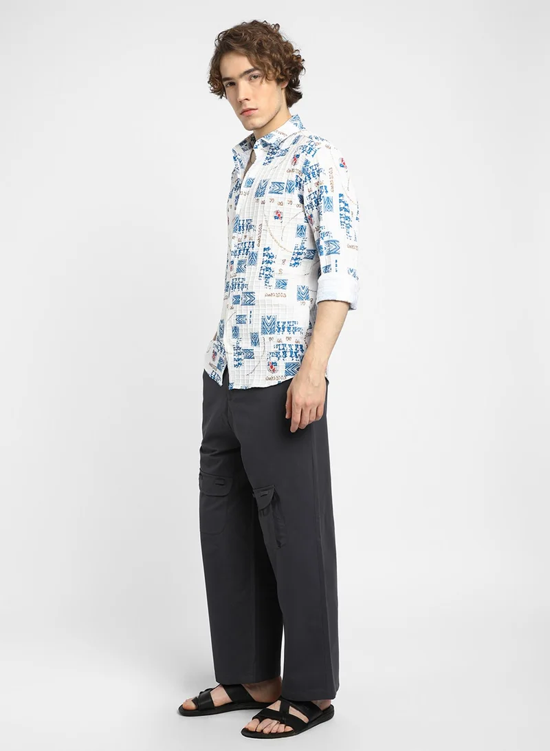 Campus Sutra Men's Ivory White Folk-Waffle Shirt