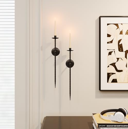 WOLAOJA Candle Wall Sconce Set of 2 Large Twisted Wall Mount Metal Black Candle Holder Sconces Decor for Living Room Farmhouse Fireplace Wedding 235 - Image 1