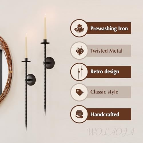 WOLAOJA Candle Wall Sconce Set of 2 Large Twisted Wall Mount Metal Black Candle Holder Sconces Decor for Living Room Farmhouse Fireplace Wedding 235 - Image 3