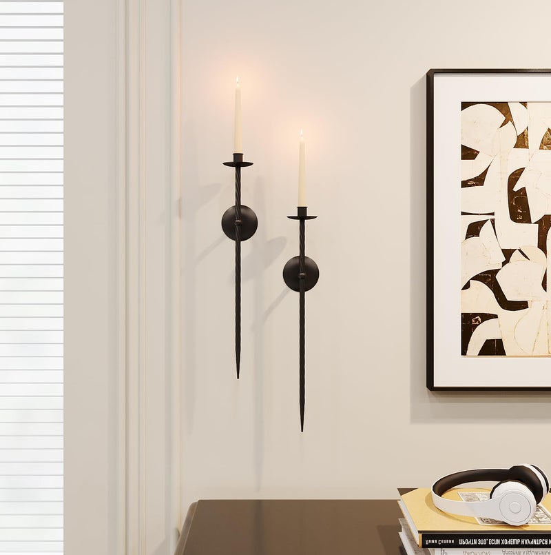 WOLAOJA Candle Wall Sconce Set of 2 Large Twisted Wall Mount Metal Black Candle Holder Sconces Decor for Living Room Farmhouse Fireplace Wedding 235 - Image 2