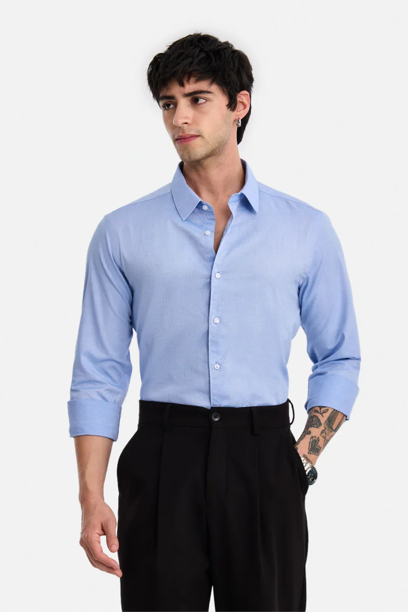SNITCH Sky Blue Checkered Long Sleeve Slim Fit Casual Shirt
