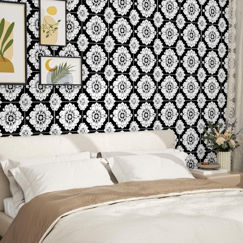 BOKEBEVE Black White Floral Wallpaper Stick and Peel Flower Contact Paper Vintage Wallpapers for Laundry Room Bedroom Cabinet Drawer Removable Renter Friendly 17.5 x 118In - Image 2
