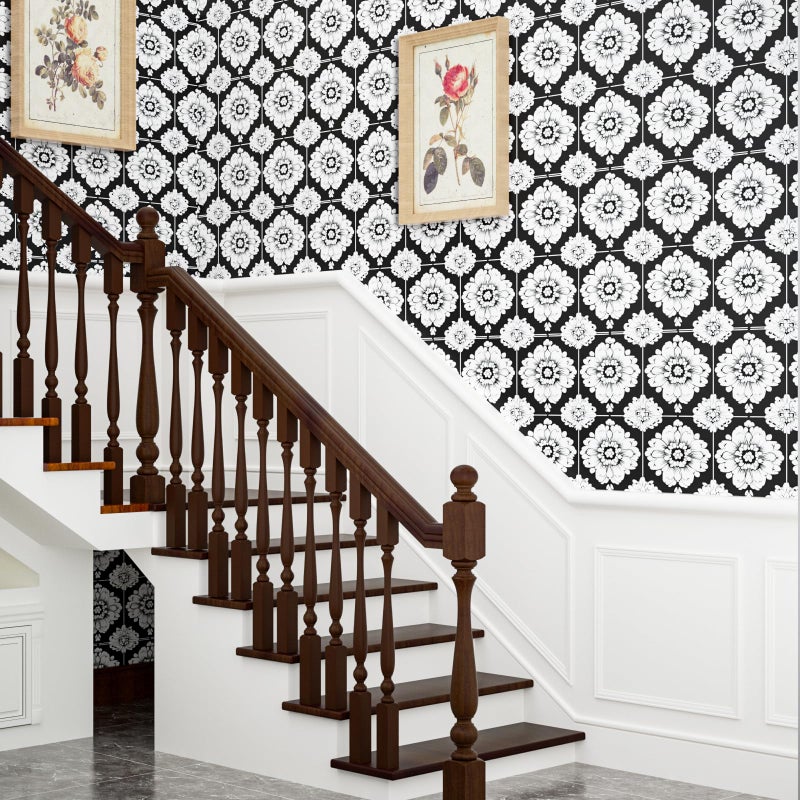 BOKEBEVE Black White Floral Wallpaper Stick and Peel Flower Contact Paper Vintage Wallpapers for Laundry Room Bedroom Cabinet Drawer Removable Renter Friendly 17.5 x 118In - Image 3