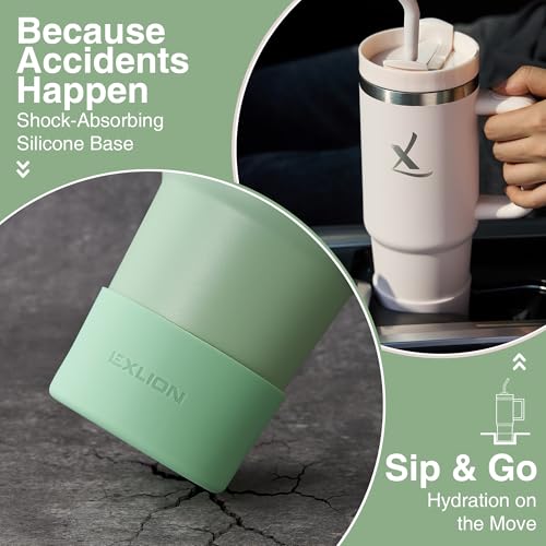lexlion FlowOne Tumbler with Handle and Straw Lid– Insulated Stainless Steel Travel Mug – BPA-Free, Leakproof, Dishwasher Safe – Hot and Cold Drinkware – Car Cup Holder Fit (Sage Green, 40 Ounce) - Image 4