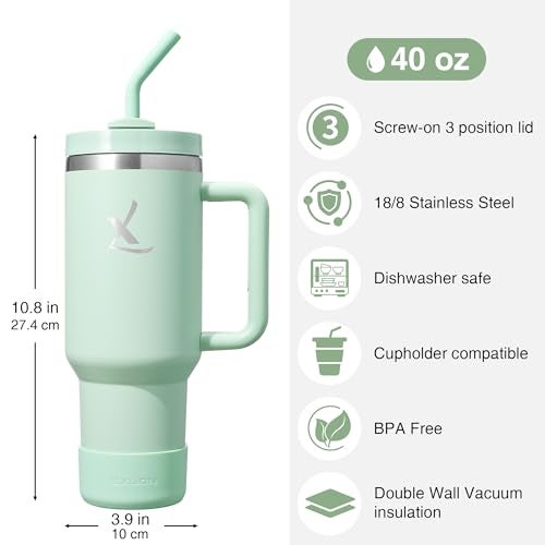 lexlion FlowOne Tumbler with Handle and Straw Lid– Insulated Stainless Steel Travel Mug – BPA-Free, Leakproof, Dishwasher Safe – Hot and Cold Drinkware – Car Cup Holder Fit (Sage Green, 40 Ounce) - Image 3