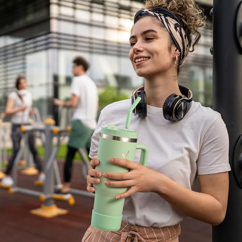 lexlion FlowOne Tumbler with Handle and Straw Lid– Insulated Stainless Steel Travel Mug – BPA-Free, Leakproof, Dishwasher Safe – Hot and Cold Drinkware – Car Cup Holder Fit (Sage Green, 40 Ounce) - Image 5