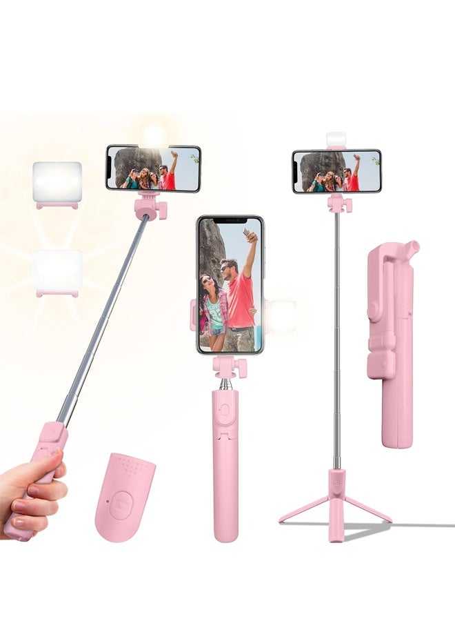 Selfie Stick Tripod, Retractable Phone Tripod with Wireless Remote Control & Light, Pink - Image 1