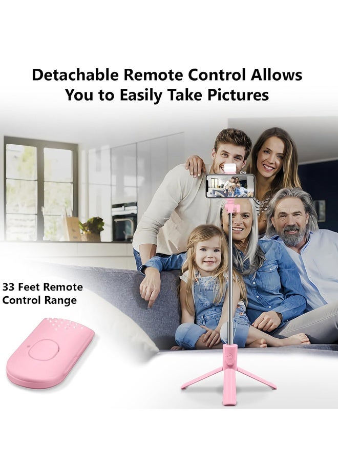 Selfie Stick Tripod, Retractable Phone Tripod with Wireless Remote Control & Light, Pink - Image 4
