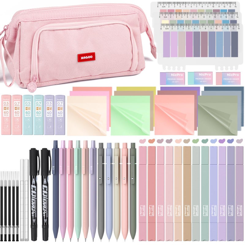 Nicpro 84 PCS Aesthetic Book Annotation Kit with Pen Case, 12 Dual Highlighters, 5 Gel Pens, 6 Mechanical Pencil, 2 Markers 1200PCS Transparent Sticky Notes and Tabs for Bible Study Student Stationary - Image 1
