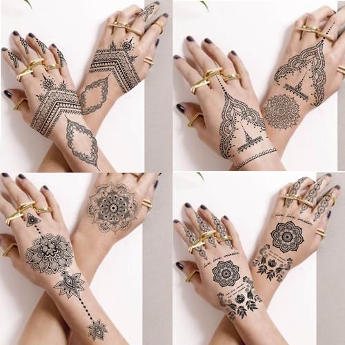Bilizar Vintage India Sexy Hands Temporary Tattoos For Women Finger Girls Adults, 4 Sheets Bohemia Lace Black Lotus Mandala Flower Fake Jewels Tattoo Sticker Kits Stencils, Party Favor Supplies Decoration - Image 1