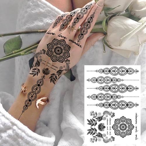 Bilizar Vintage India Sexy Hands Temporary Tattoos For Women Finger Girls Adults, 4 Sheets Bohemia Lace Black Lotus Mandala Flower Fake Jewels Tattoo Sticker Kits Stencils, Party Favor Supplies Decoration - Image 3