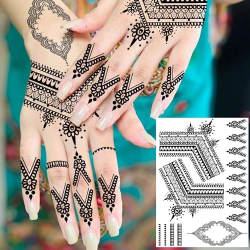 Bilizar Vintage India Sexy Hands Temporary Tattoos For Women Finger Girls Adults, 4 Sheets Bohemia Lace Black Lotus Mandala Flower Fake Jewels Tattoo Sticker Kits Stencils, Party Favor Supplies Decoration - Image 5